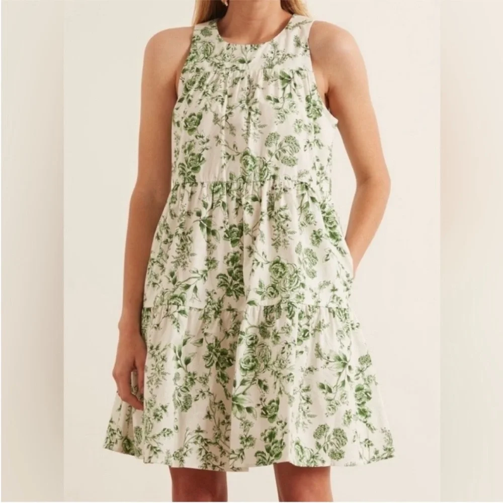Gal Meets Glam Lisa Green White Toile Floral Tiered Mini Dress 4 - Picture 1 of 16